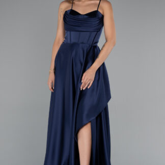 Lacivert Askılı Bacak Dekolteli Uzun Saten Abiye ABU5172