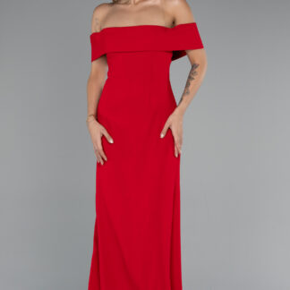 Kırmızı Kayık Yaka Uzun Abiye Elbise ABU5173