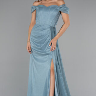 Firuze Kayık Yaka Balen Korse Uzun Simli Abiye ABU3472