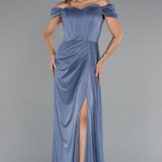 İndigo Kayık Yaka Balen Korse Uzun Simli Abiye ABU3472