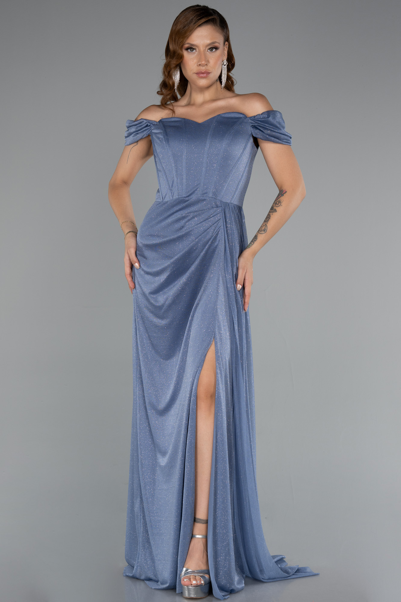 İndigo Kayık Yaka Balen Korse Uzun Simli Abiye ABU3472