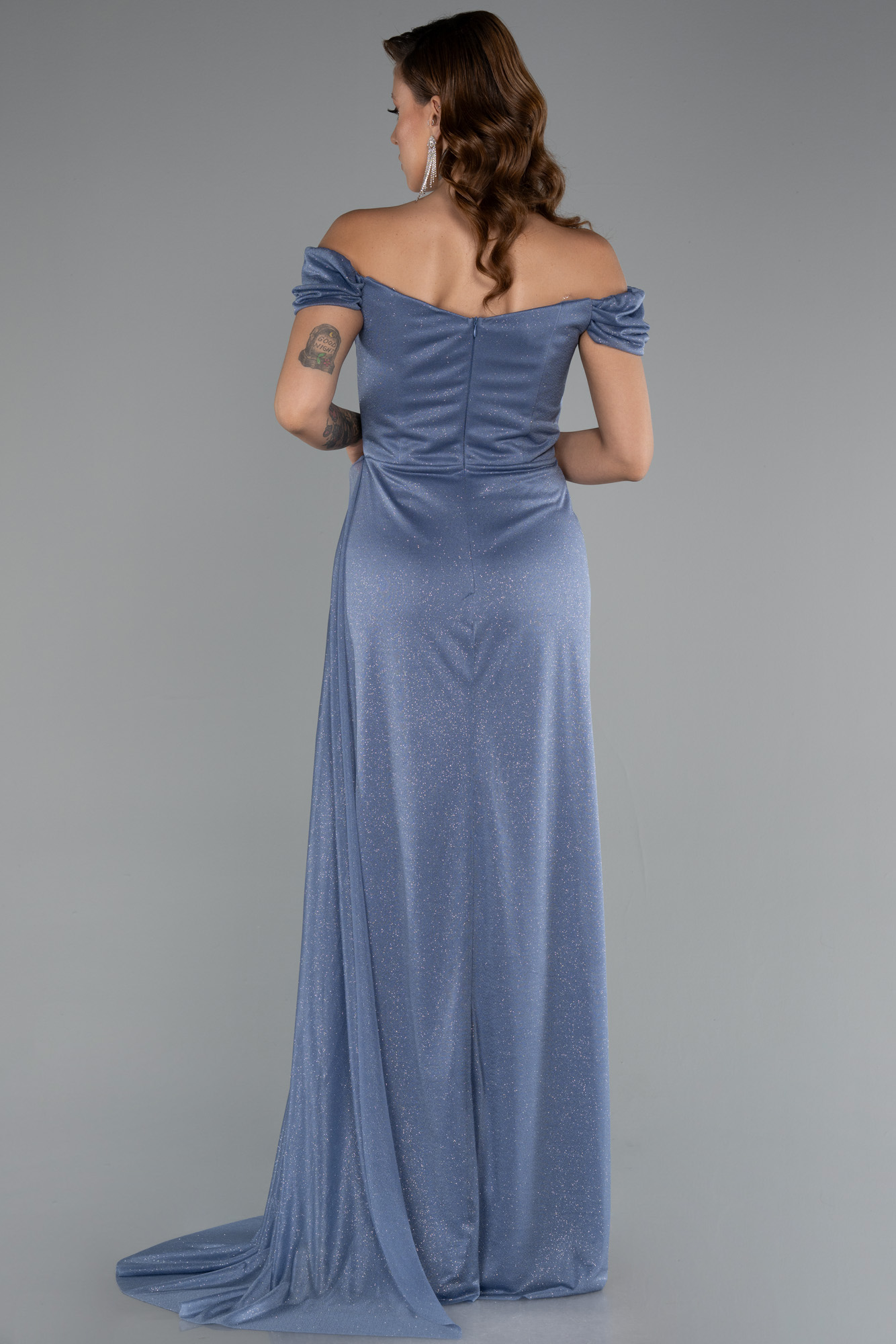 İndigo Kayık Yaka Balen Korse Uzun Simli Abiye ABU3472 - Görsel 2