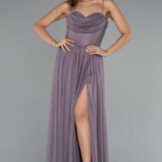 Lavanta Bacak Dekolteli Balenli Uzun Simli Abiye Elbise ABU5175