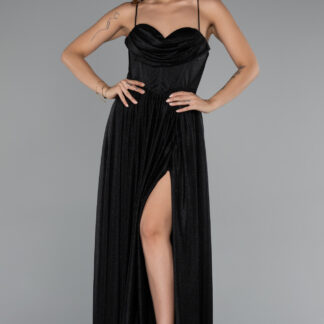 Siyah Bacak Dekolteli Balenli Uzun Simli Abiye Elbise ABU5175