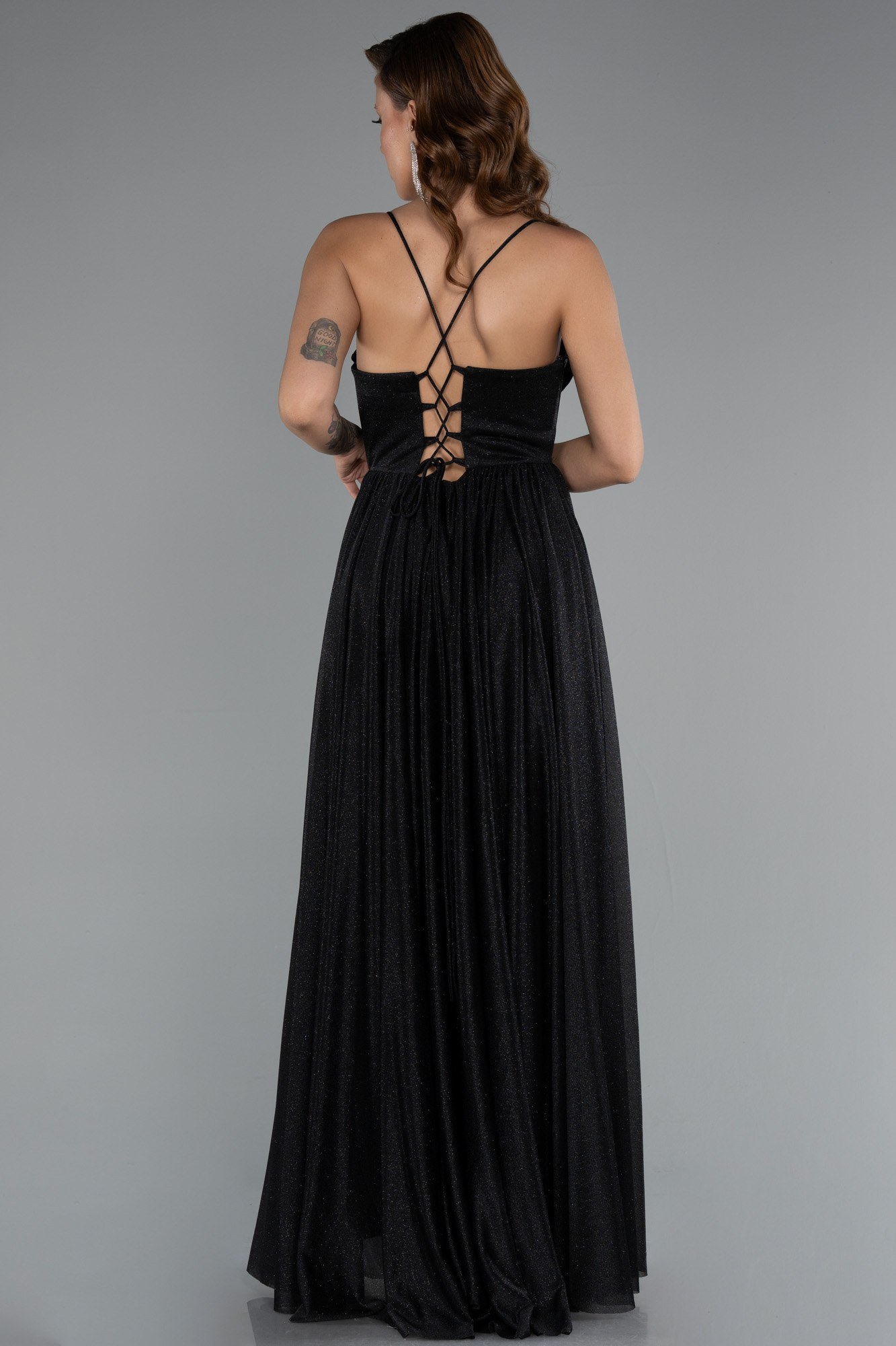 Siyah Bacak Dekolteli Balenli Uzun Simli Abiye Elbise ABU5175 - Görsel 2