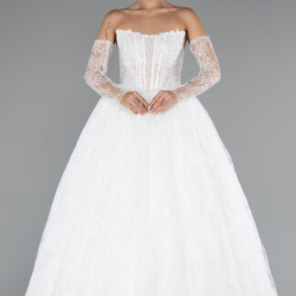 Ekru Straplez Eldivenli Uzun Dantel Büyük Beden Gelinlik ABG150