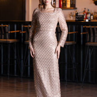 Gold Uzun Kol Kare Yaka Boncuklu Abiye Elbise ABU5253