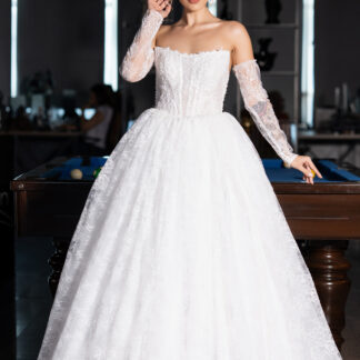 Ekru Straplez Eldivenli Uzun Dantel Gelinlik ABG149