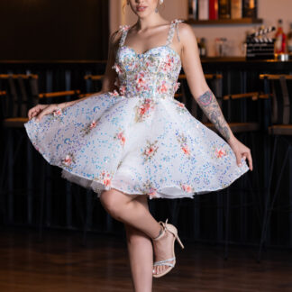 Ekru Üç Boyutlu Çiçek Aplikeli Pullu Kısa Abiye ABK2407