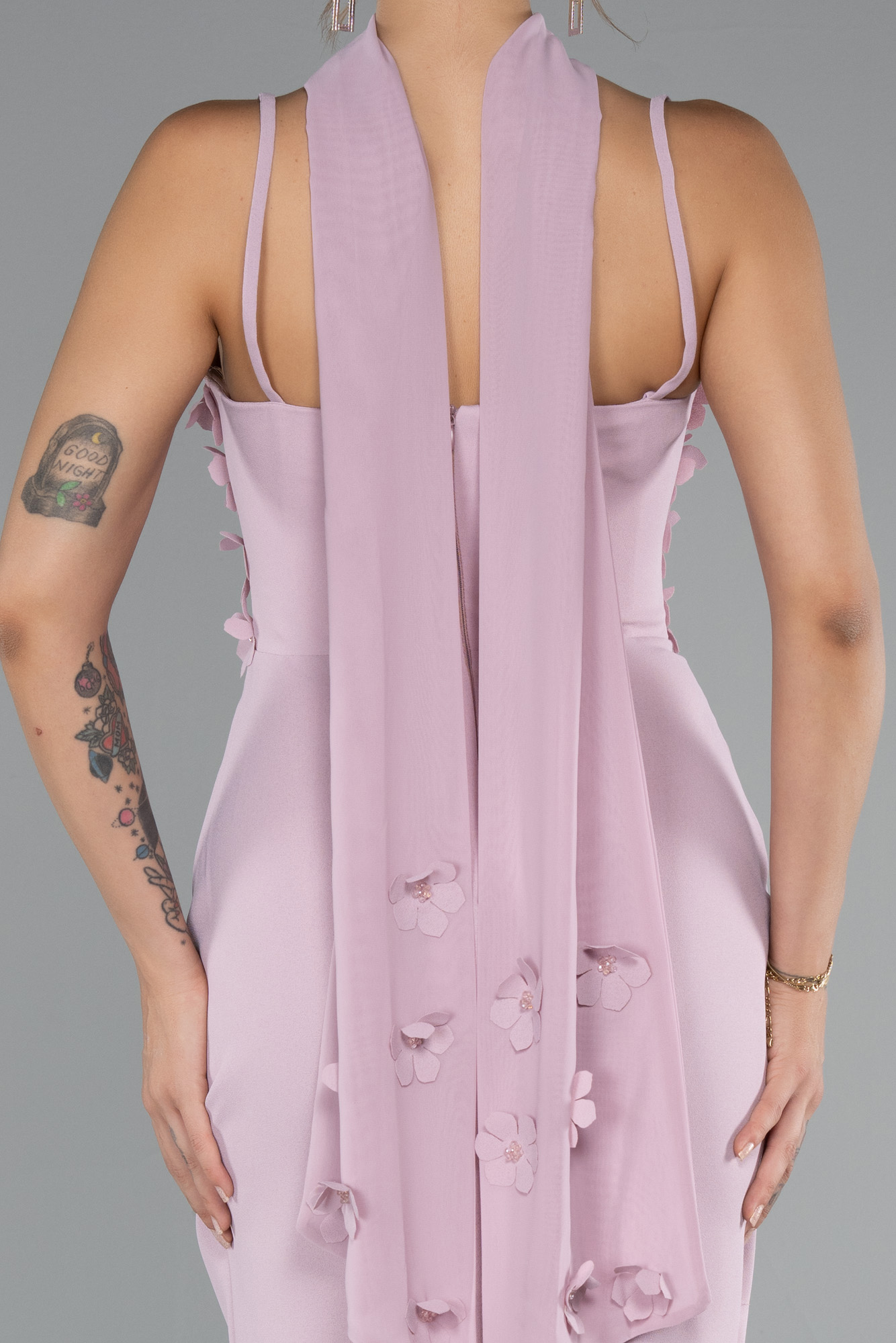 Pudra Askılı Üç Boyut Çiçekli Şallı Uzun Abiye Elbise ABU5181 - Görsel 4