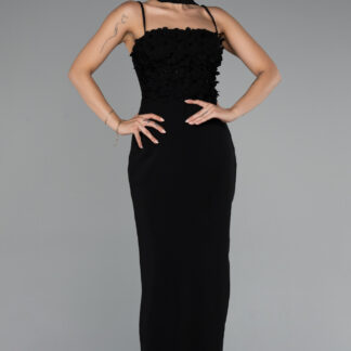 Siyah Askılı Üç Boyut Çiçekli Şallı Uzun Abiye Elbise ABU5181