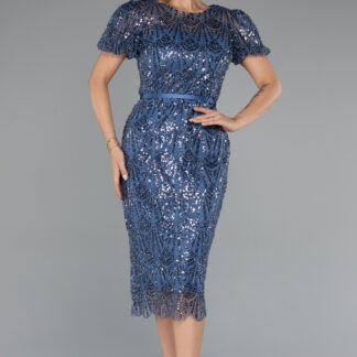 İndigo Kısa Kol Kemerli Midi Boncuklu Davet Elbisesi ABK2412