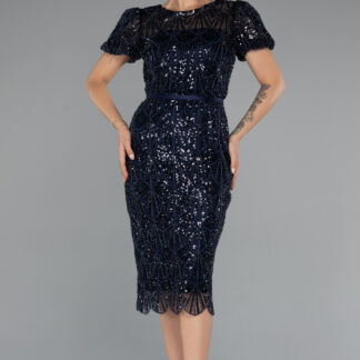 Lacivert Kısa Kol Kemerli Midi Boncuklu Davet Elbisesi ABK2412