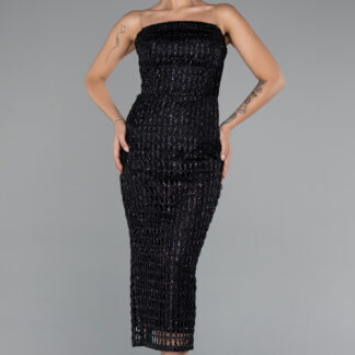 Siyah Straplez Midi Simli Gece Elbisesi ABK2413