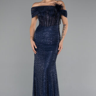 Lacivert Kayık Yaka Taşlı Uzun Özel Tasarım Abiye ABU5183