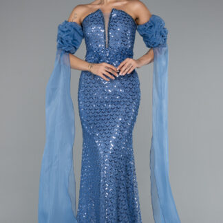 İndigo Straplez Uzun Pul Payet Özel Tasarım Abiye ABU5100