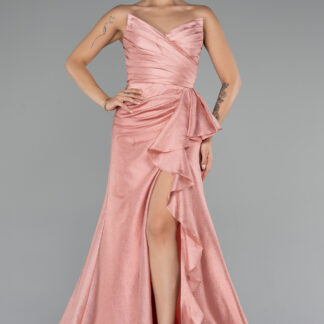 Pudra Straplez Kedi Kulağı Yırtmaçlı Uzun Abiye ABU4724