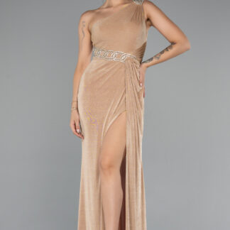 Gold Tek Omuz Bacak Dekolteli Uzun Simli Abiye Elbise ABU4599