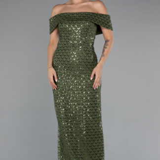 Haki Kayık Yaka Boncuklu Uzun Abiye Elbise ABU5186