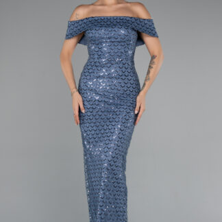 İndigo Kayık Yaka Boncuklu Uzun Abiye Elbise ABU5186