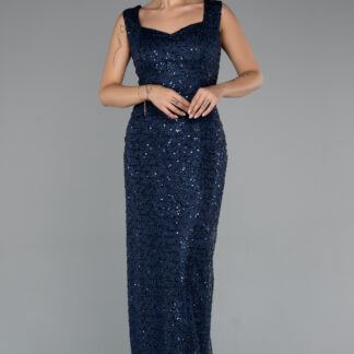 Lacivert Kolsuz V Yaka Boncuklu Uzun Abiye ABU5187