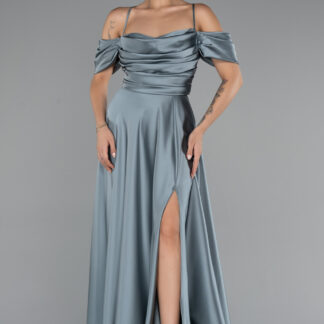 Mint Yırtmaçlı Uzun Saten Mezuniyet Elbisesi ABU4703