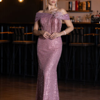 Pudra Kayık Yaka Taşlı Uzun Özel Tasarım Abiye ABU5183