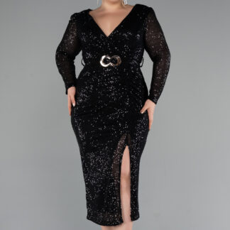 Siyah Uzun Kol Midi Pullu Büyük Beden Abiye ABK1956