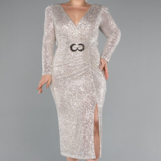 Vizon Uzun Kol Midi Pullu Büyük Beden Abiye ABK1956