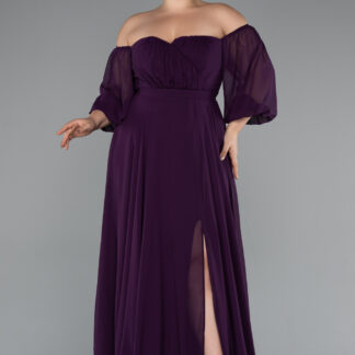 Koyu Mor Straplez Uzun Kol Şifon Büyük Beden Abiye ABU2597