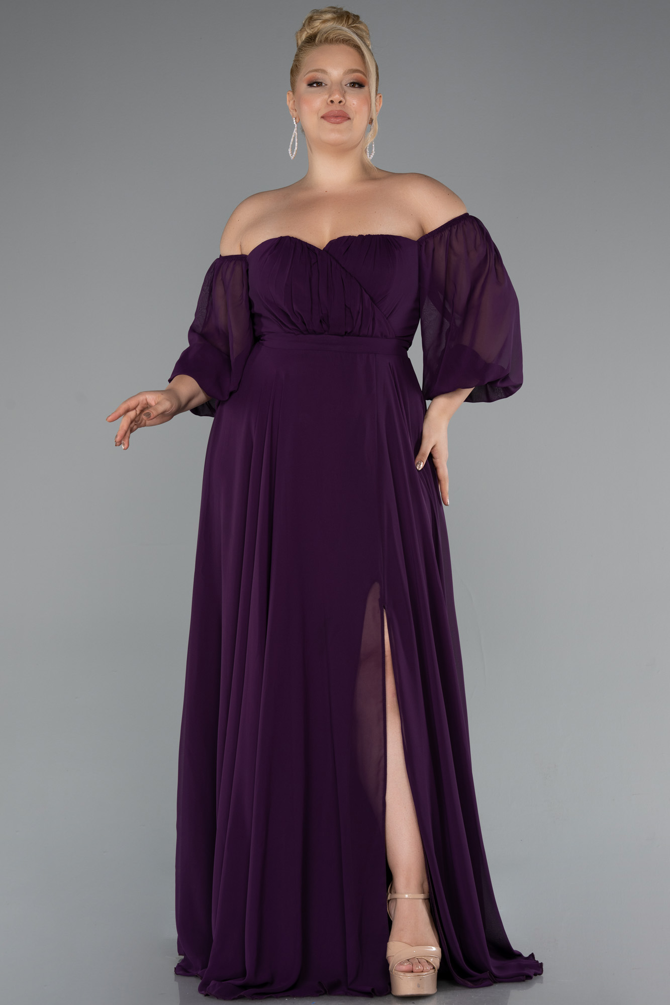 Koyu Mor Straplez Uzun Kol Şifon Büyük Beden Abiye ABU2597