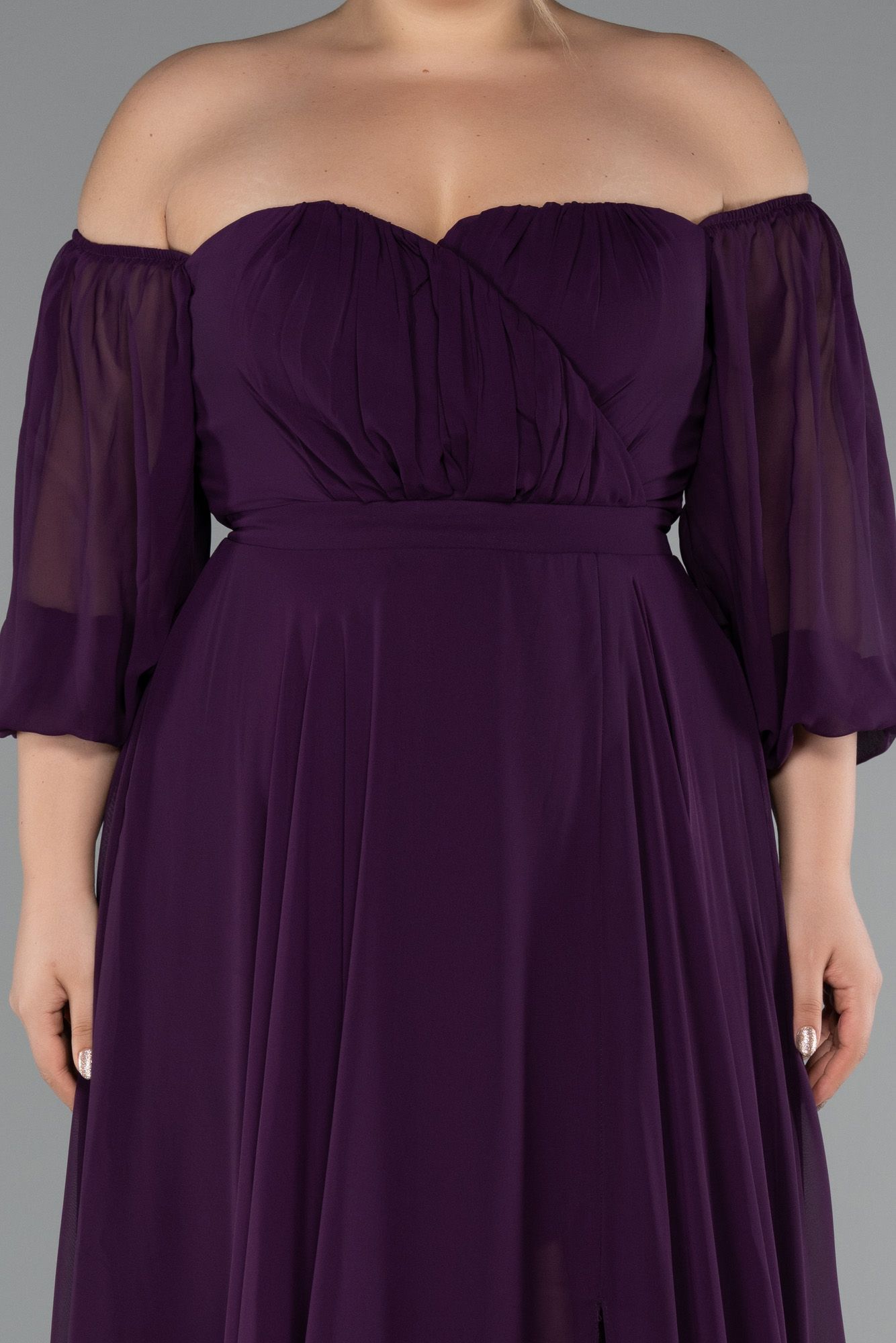 Koyu Mor Straplez Uzun Kol Şifon Büyük Beden Abiye ABU2597 - Görsel 3