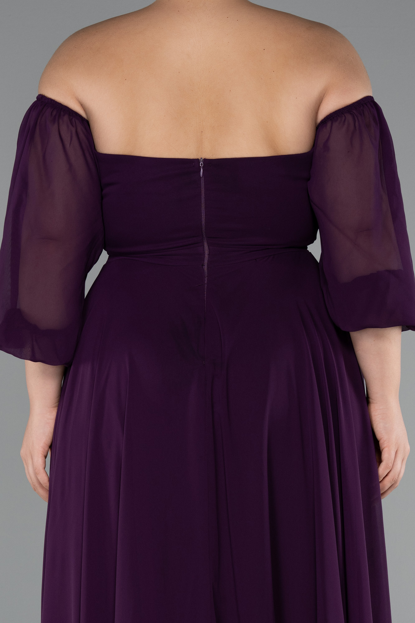 Koyu Mor Straplez Uzun Kol Şifon Büyük Beden Abiye ABU2597 - Görsel 4