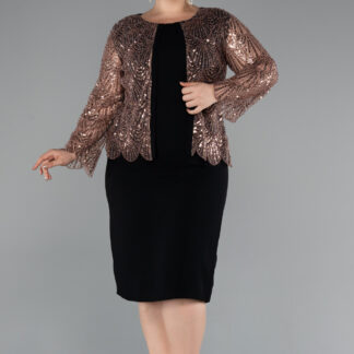 Siyah-Kahve Taşlı Uzun Kol Midi Büyük Beden Davet Elbisesi ABK2417