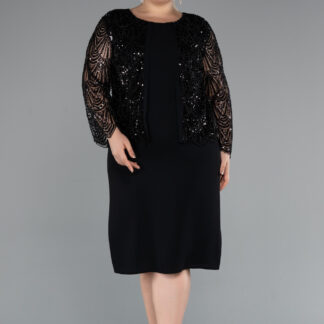 Siyah Taşlı Uzun Kol Midi Büyük Beden Davet Elbisesi ABK2417