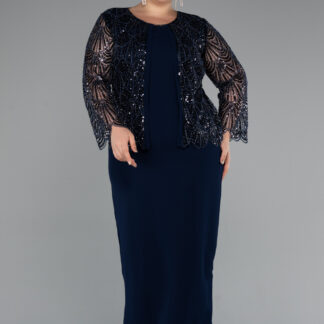 Lacivert Boncuklu Uzun Kol Midi Büyük Beden Abiye ABK2418