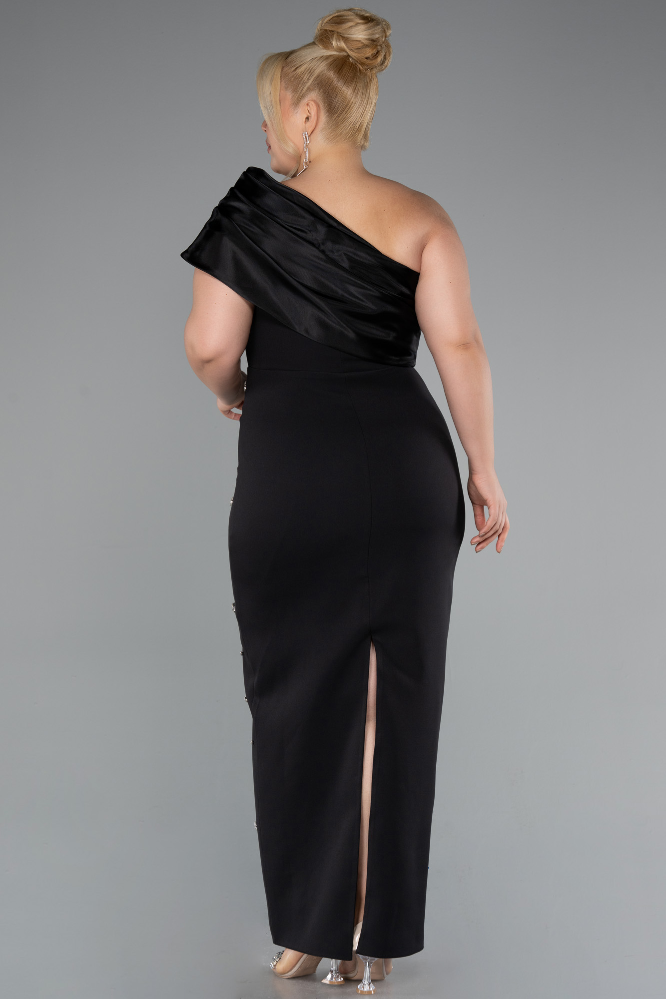 Siyah Tek Omuz Taşlı Midi Büyük Beden Davet Elbisesi ABK2414 - Görsel 2