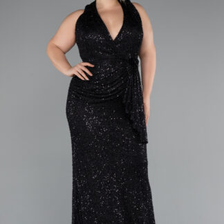 Siyah Sırt Dekolteli Uzun Pullu Büyük Beden Abiye ABU5210