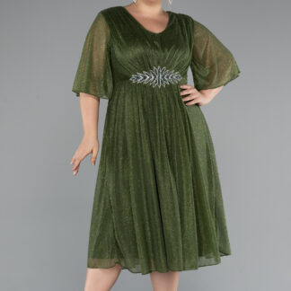 Haki Kısa Kol V Yaka Midi Simli Büyük Beden Abiye ABK2409