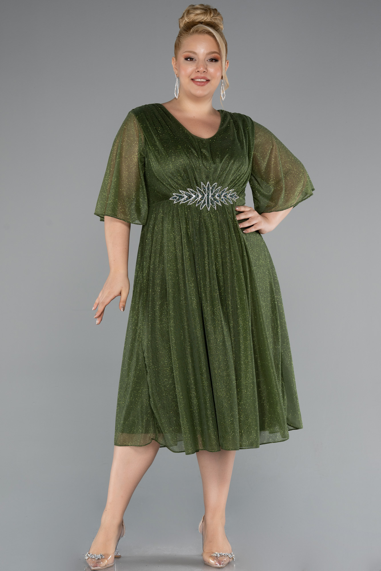 Haki Kısa Kol V Yaka Midi Simli Büyük Beden Abiye ABK2409