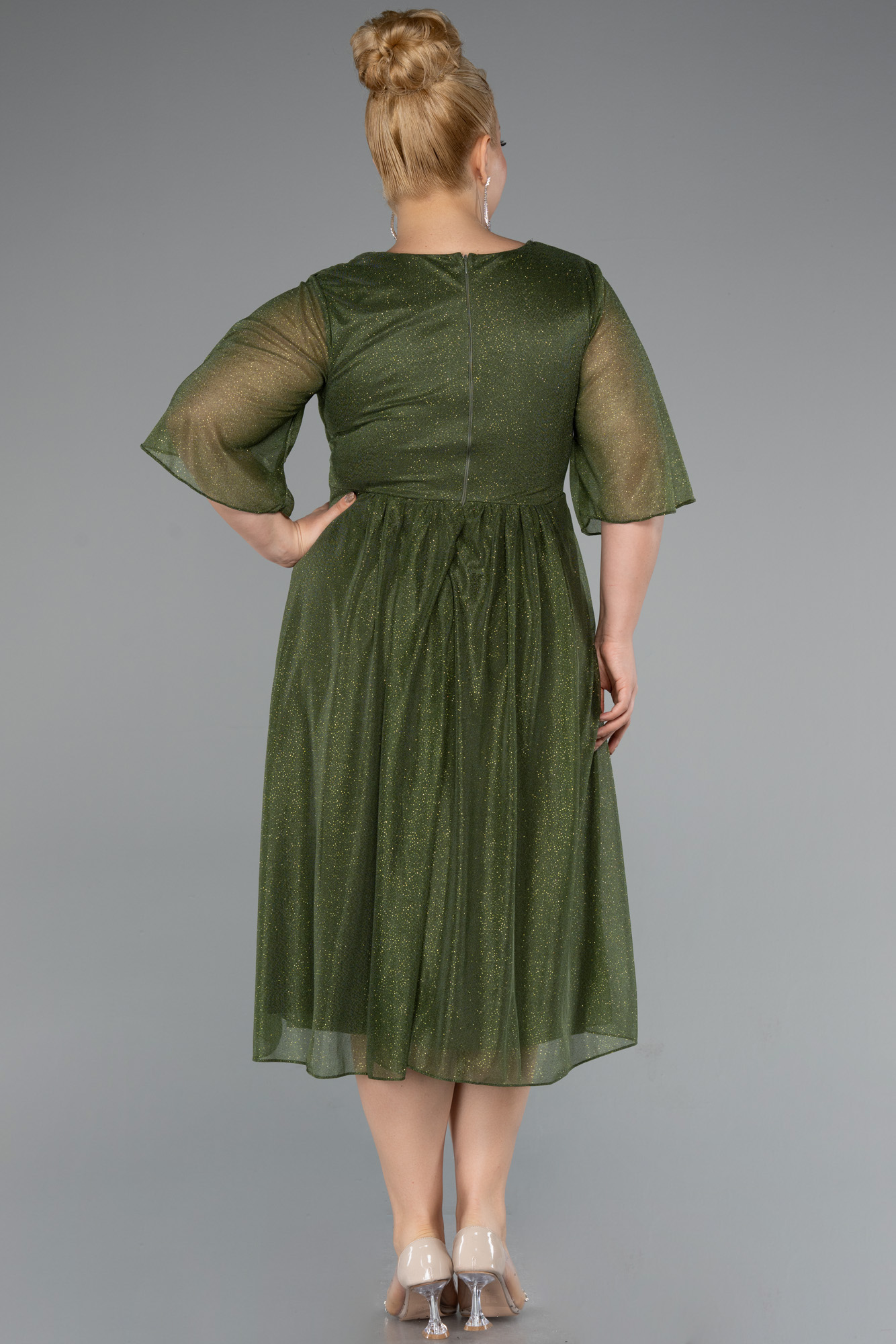 Haki Kısa Kol V Yaka Midi Simli Büyük Beden Abiye ABK2409 - Görsel 2