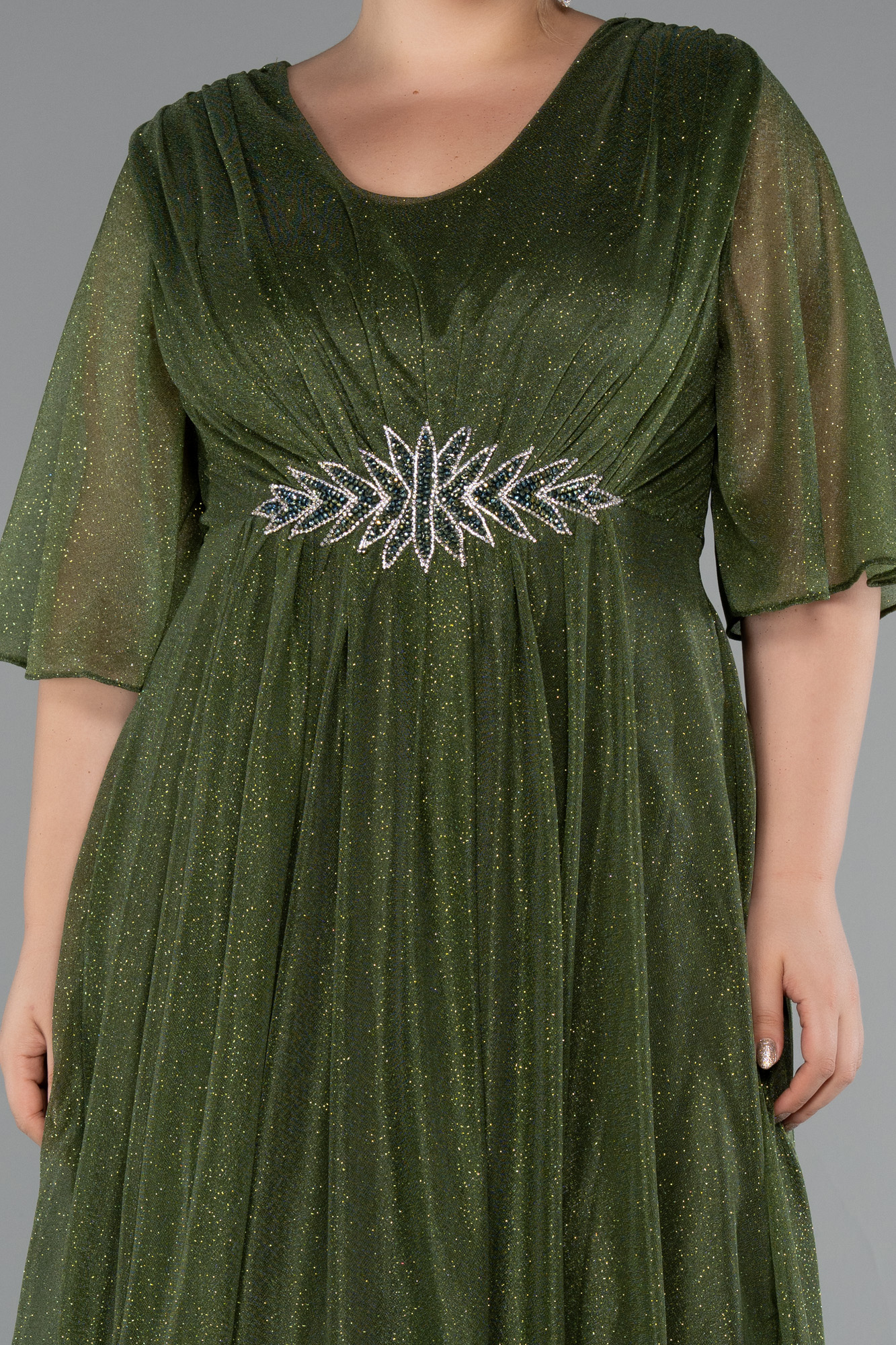 Haki Kısa Kol V Yaka Midi Simli Büyük Beden Abiye ABK2409 - Görsel 3