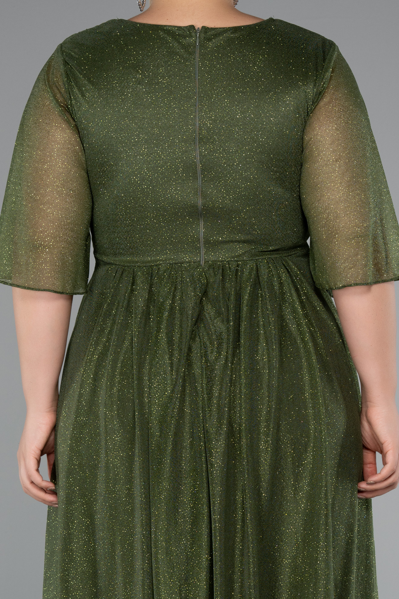 Haki Kısa Kol V Yaka Midi Simli Büyük Beden Abiye ABK2409 - Görsel 4