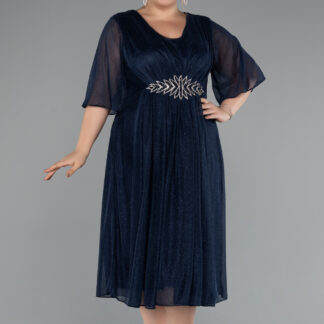 Lacivert Kısa Kol V Yaka Midi Simli Büyük Beden Abiye ABK2409