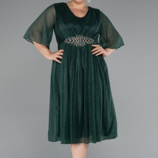 Zümrüt Yeşili Kısa Kol Midi Simli Büyük Beden Abiye ABK2409