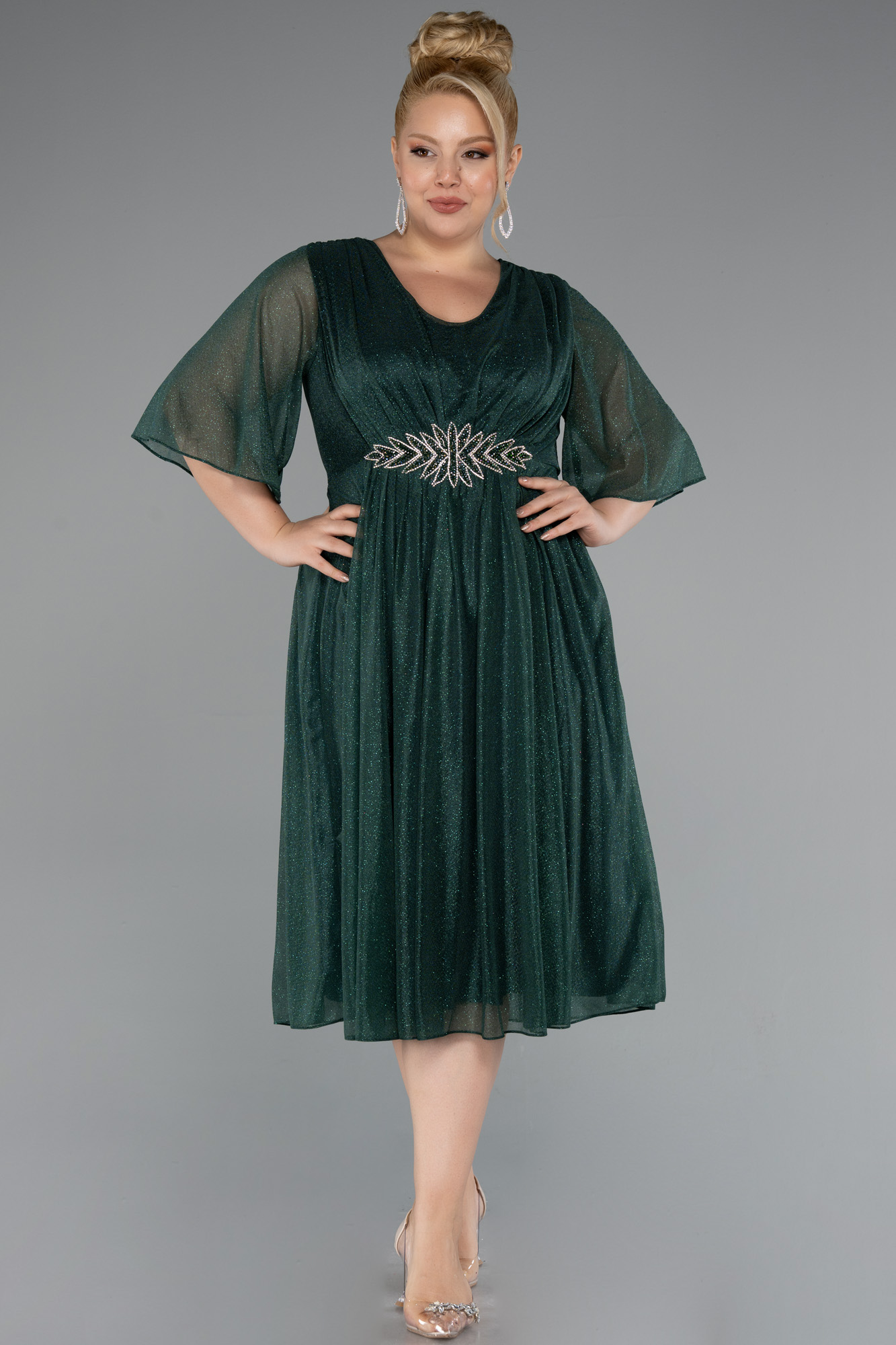 Zümrüt Yeşili Kısa Kol Midi Simli Büyük Beden Abiye ABK2409