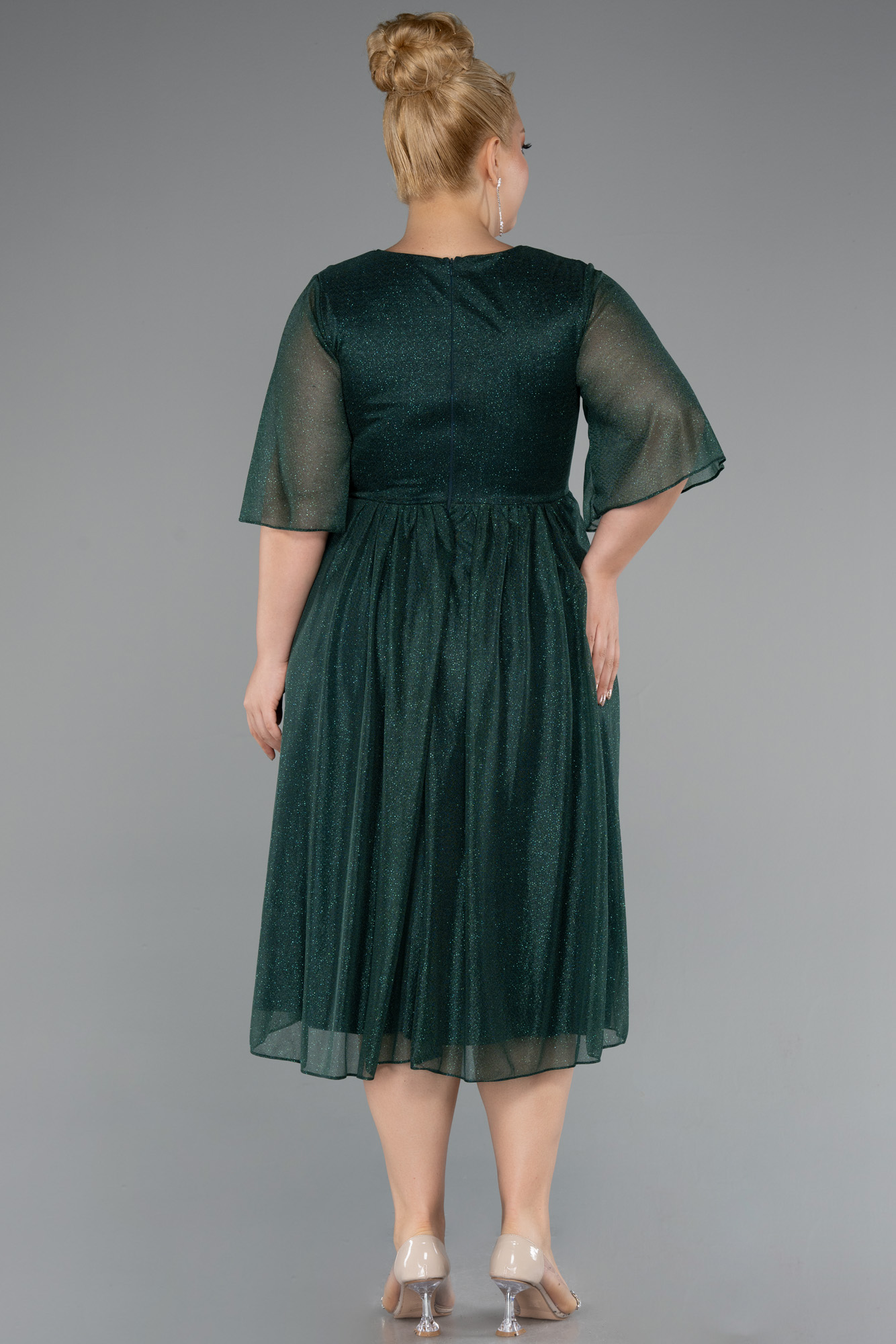 Zümrüt Yeşili Kısa Kol Midi Simli Büyük Beden Abiye ABK2409 - Görsel 2