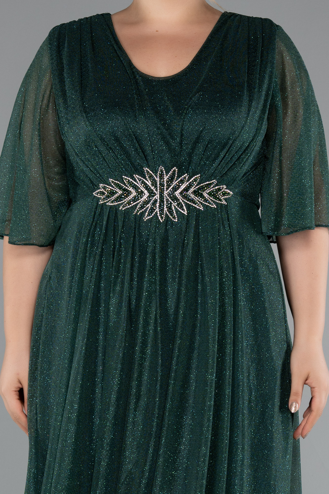 Zümrüt Yeşili Kısa Kol Midi Simli Büyük Beden Abiye ABK2409 - Görsel 3