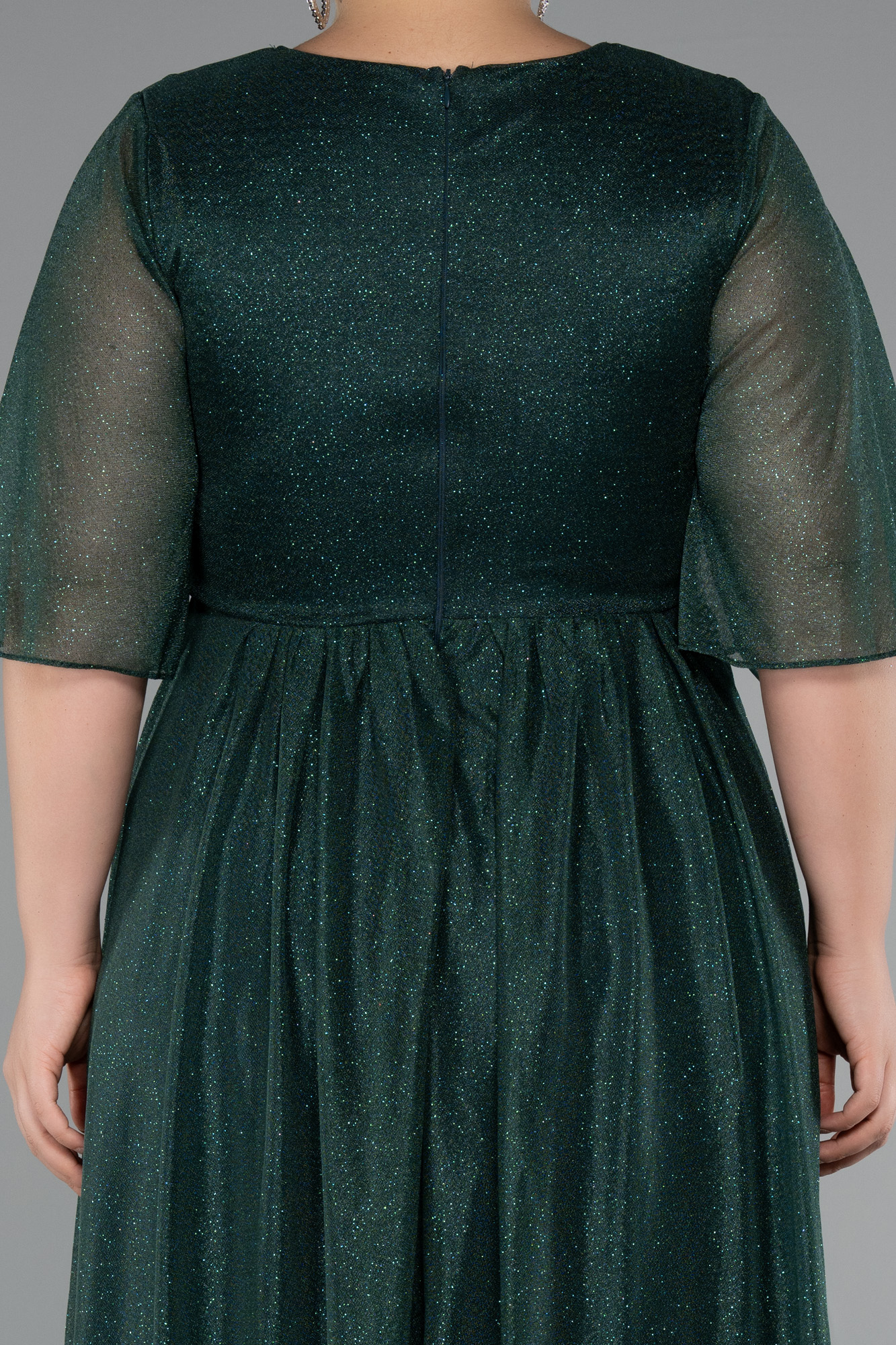 Zümrüt Yeşili Kısa Kol Midi Simli Büyük Beden Abiye ABK2409 - Görsel 4