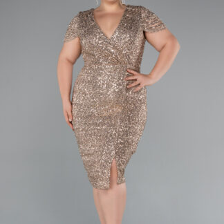 Gold Kruvaze Yaka Midi Pullu Büyük Beden Abiye ABK2419